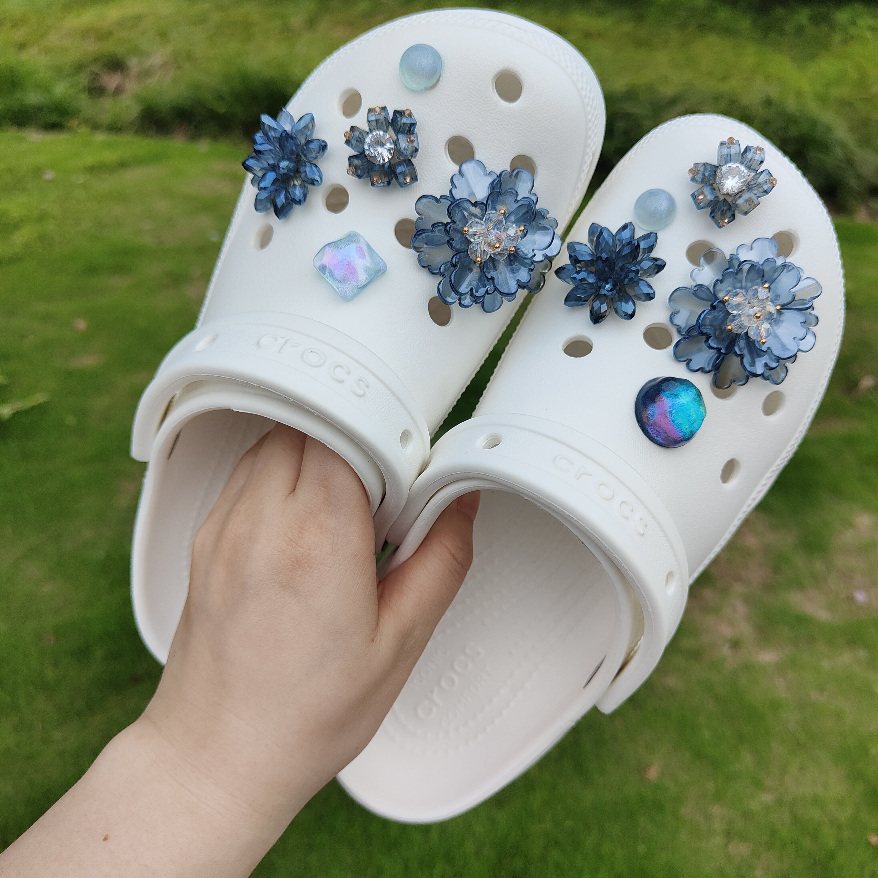【蓝色梦境】玻璃渐变花山茶花适配crocs卡骆驰洞洞鞋鞋花鞋扣
