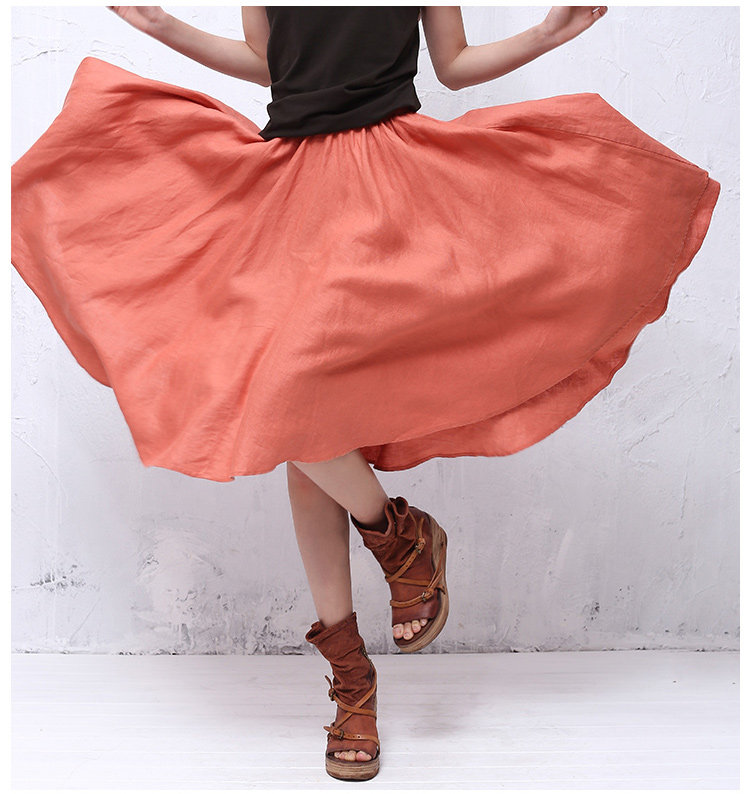 特价夏装松紧腰大码百褶大摆森女亚麻女裙愚乐