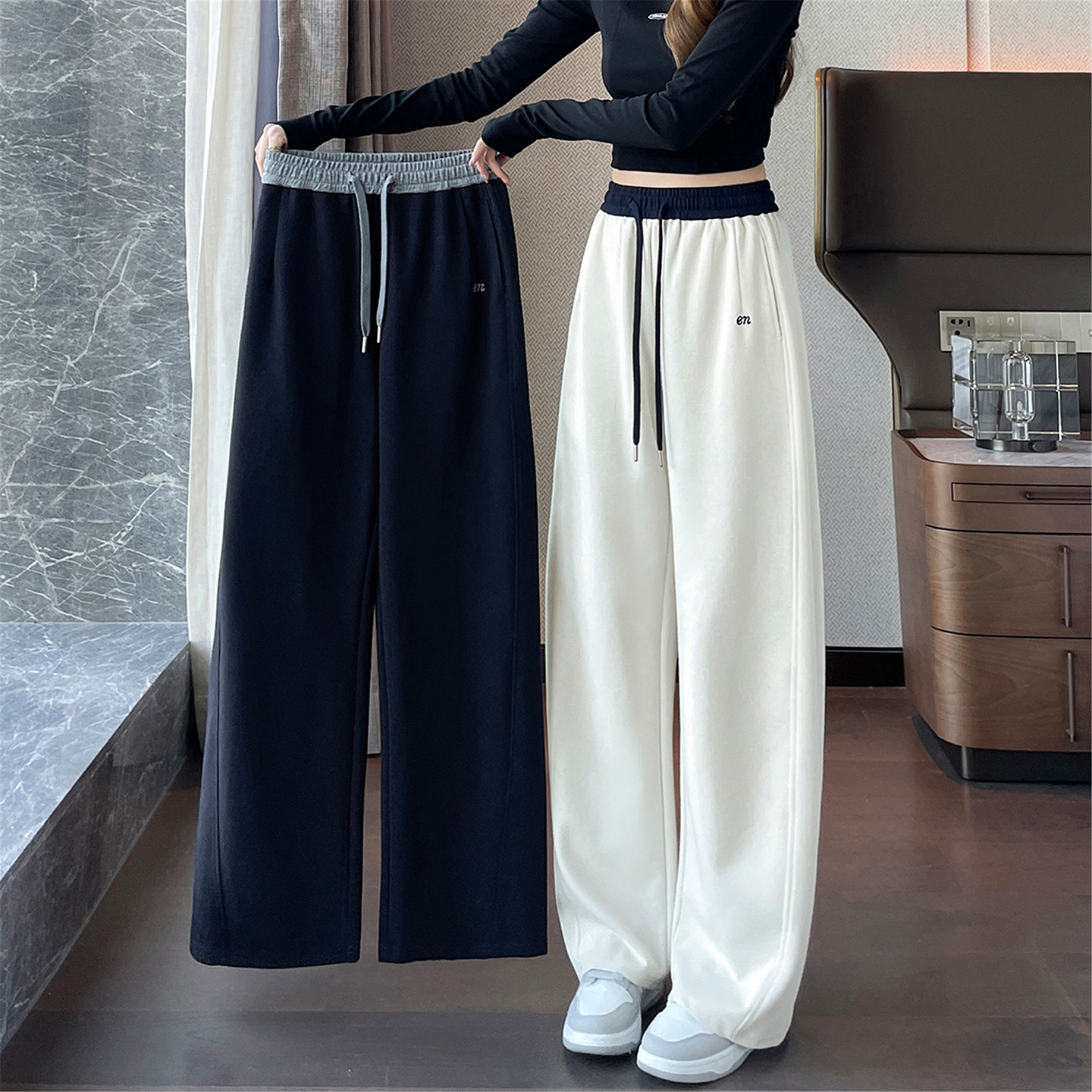 窄版阔腿裤女秋冬季加绒纯棉卫裤