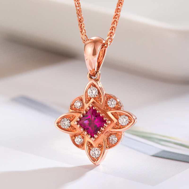 花语带证书天然红宝石玫瑰金吊坠18K黄金彩金Au750钻石项坠颈饰女