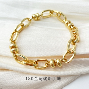 手链ins欧美男女情侣手饰 意大利精工18K金阿瑞斯方格金球间隔粗版