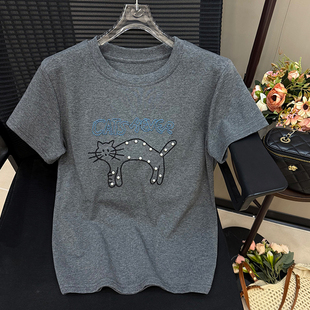 重工钉珠刺绣短袖T恤女韩版休闲半袖卡通猫咪圆领短袖女百搭上衣