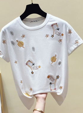 2023春夏装新款白色刺绣短袖t恤女网红ins超火纯棉宽松打底上衣潮