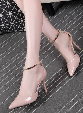 新款小码女鞋31 32 33裸色高跟鞋女细跟尖头一字扣中跟大码40-43