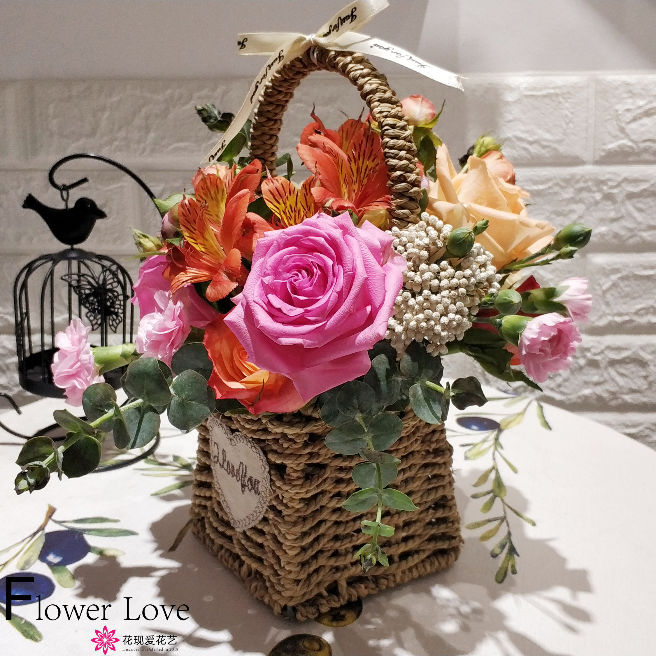 玫瑰混搭手提小花篮手工插花生日摆台送花开业佛山同城和顺伦教