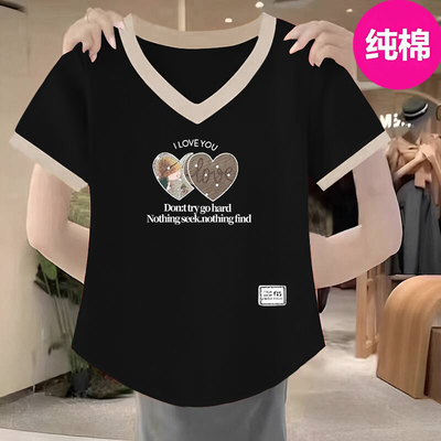 100纯棉v领印花短袖打底上衣女2025夏季新款宽松百搭显瘦时尚t恤