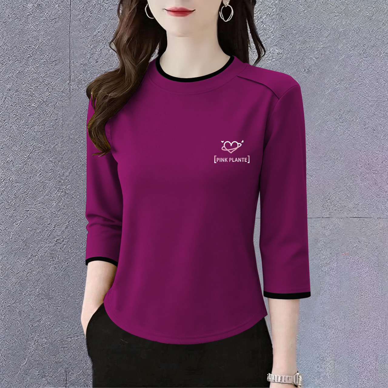 春秋时尚洋气新款字母印花t恤七分袖减龄遮肚休闲大码韩版百搭