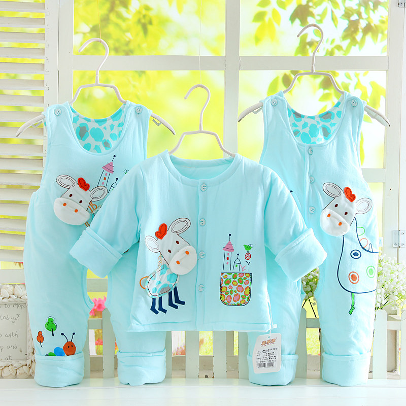 婴儿秋冬季衣服新生儿夹棉薄棉衣三件套01-2岁男女宝宝背带裤套装