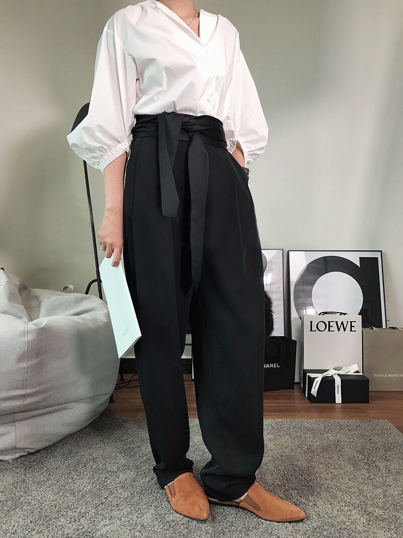 【不议价不包邮的】自制 缎面绑带高腰休闲女士萝卜裤吸烟西装裤