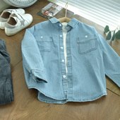 日系男童帅气浅蓝条纹牛仔衬衫 翻领衬衣薄外套 春秋儿童长袖