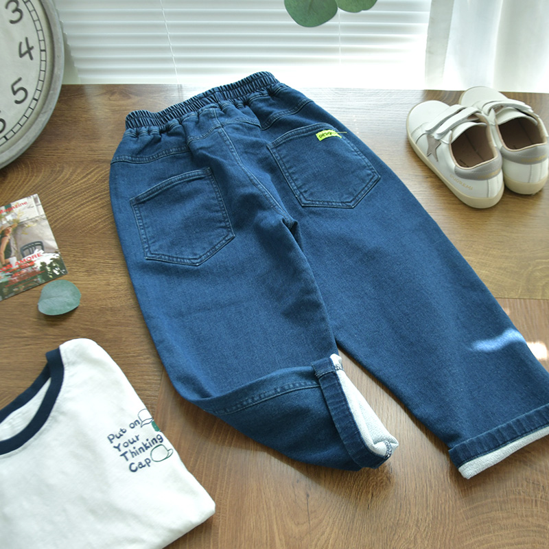 柔软仿牛仔针织棉布~儿童简约百搭休闲长裤男童休闲直筒敞脚裤子
