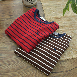 秋冬款男童女童磨毛中厚红色条纹纯棉儿童打底衫圆领长袖t恤