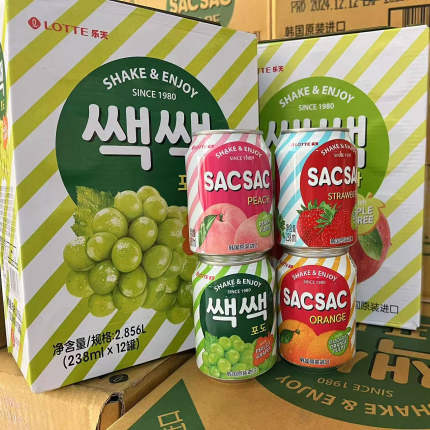 韩国原装进口乐天LOTTE饮料葡萄果肉网红果味饮品238ml*6瓶无礼盒