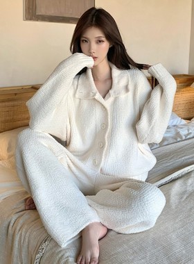 秋冬新款加厚软绵绵高领挡风居家服高级白色套装立领柔软宽松舒适