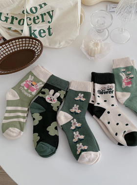 绿色的小兔ins韩国卡通可爱棉毛圈中筒女袜拉毛加厚吸汗棉袜可爱