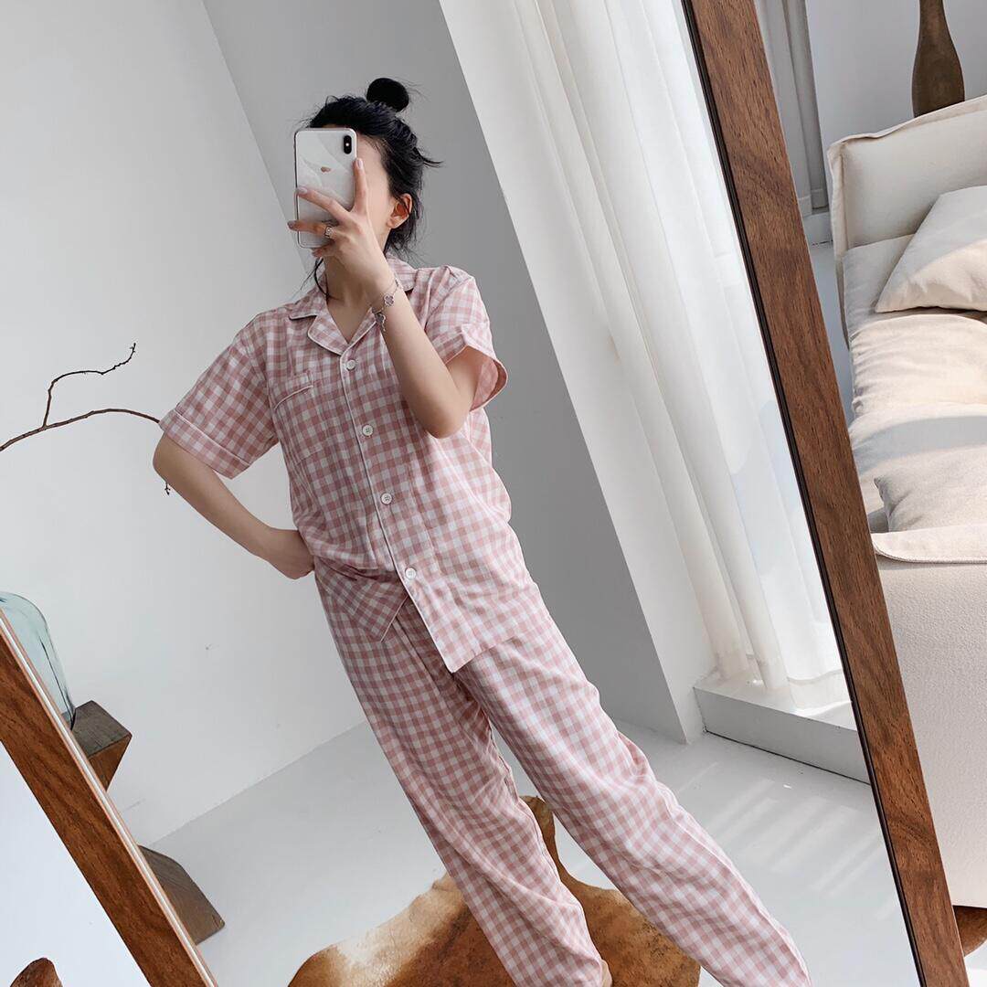 越穿越软!双层棉纱极简格子纯色情侣男女居家服睡衣短袖长裤套装