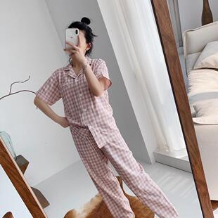 套装 长裤 双层棉纱极简格子纯色情侣男女居家服睡衣短袖 越穿越软