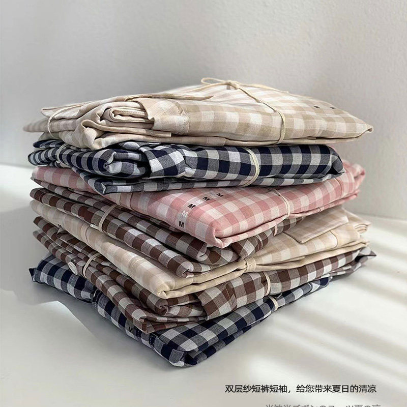 双层棉纱舒适透气短袖短裤居家服母鸡套装无印居家服睡衣日式情侣