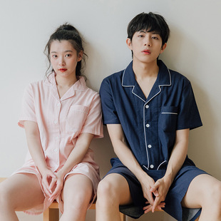 日系简洁双层棉纱情侣短袖短裤居家服套装睡衣舒适柔软纯棉无印