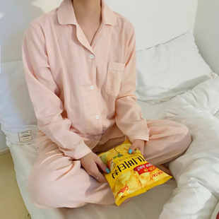 日系纯棉双层棉纱情侣睡衣女长袖透气舒适家居服套装简洁无印男女