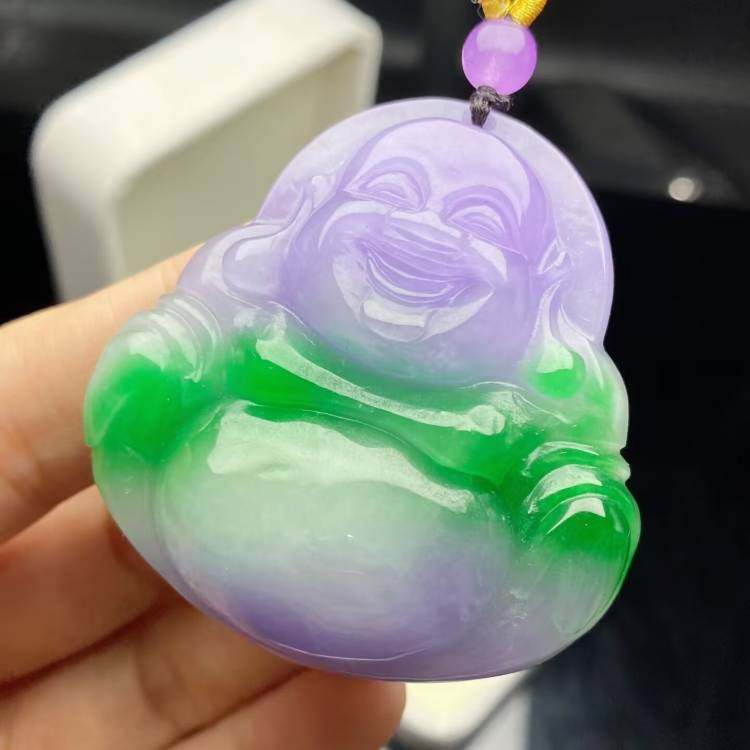 缅甸翡翠佛公吊坠冰糯种满色紫罗兰飘阳绿翡翠处理弥勒佛笑佛挂件
