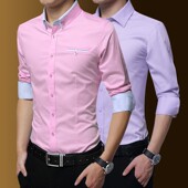 男长袖 春秋季 拼色结婚新郎伴郎团村子大码 粉色衬衫 胖子潮修身 衬衣