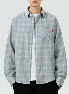 浅灰色格子男士衬衫长袖春秋季薄款宽松大码有口袋格纹衬衣休闲土