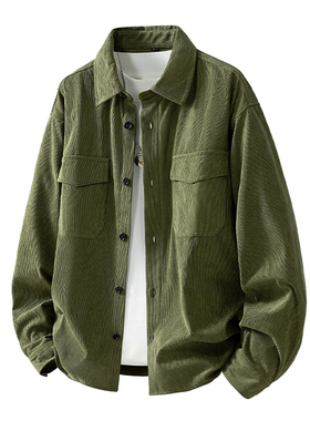 军绿色灯芯绒男士衬衫外套长袖冬季双口袋宽松版大码胖子衬衣休闲