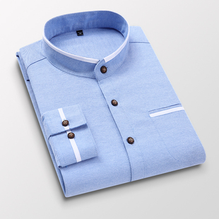 男长袖 改良中山装 春秋季 村子大码 直立领衬衣 抗皱撞色修身 圆领衬衫