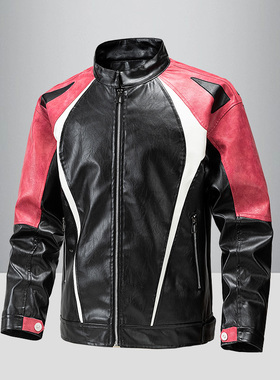 蓝色男士皮衣外套秋季薄30-40岁休闲骑行拼接高端大码pu立领夹克