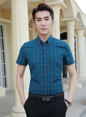 其他扣领商务休闲格子短袖衬衫