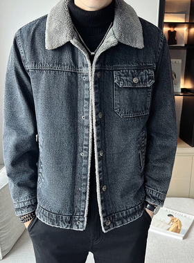 灰色牛仔衣男士外套秋冬季加绒加厚大码休闲防风开衫翻领卫衣夹克