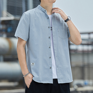 村子纯棉有兜刺绣小立领衬衣半袖 夏天薄颈中式 男短袖 浅蓝圆领衬衫