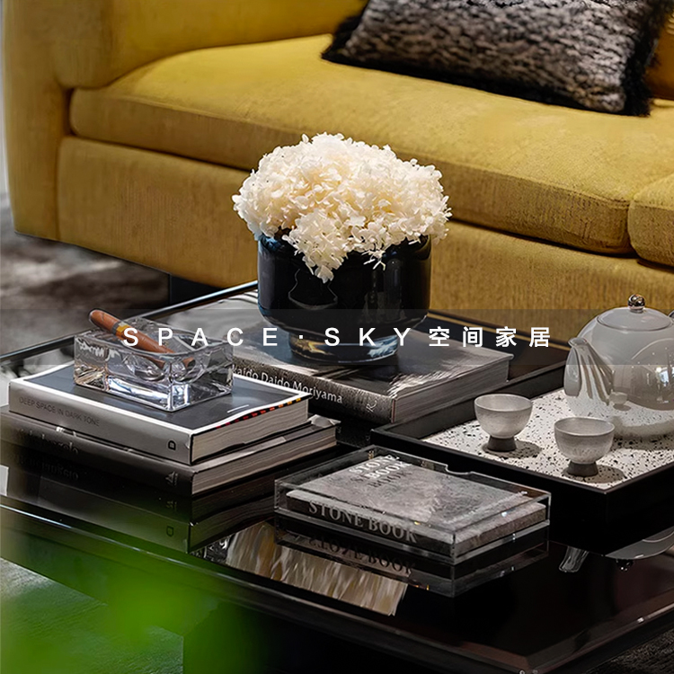 现代轻奢样板间售楼处茶几黑色玻璃花器马毛托盘软装饰品组合摆件