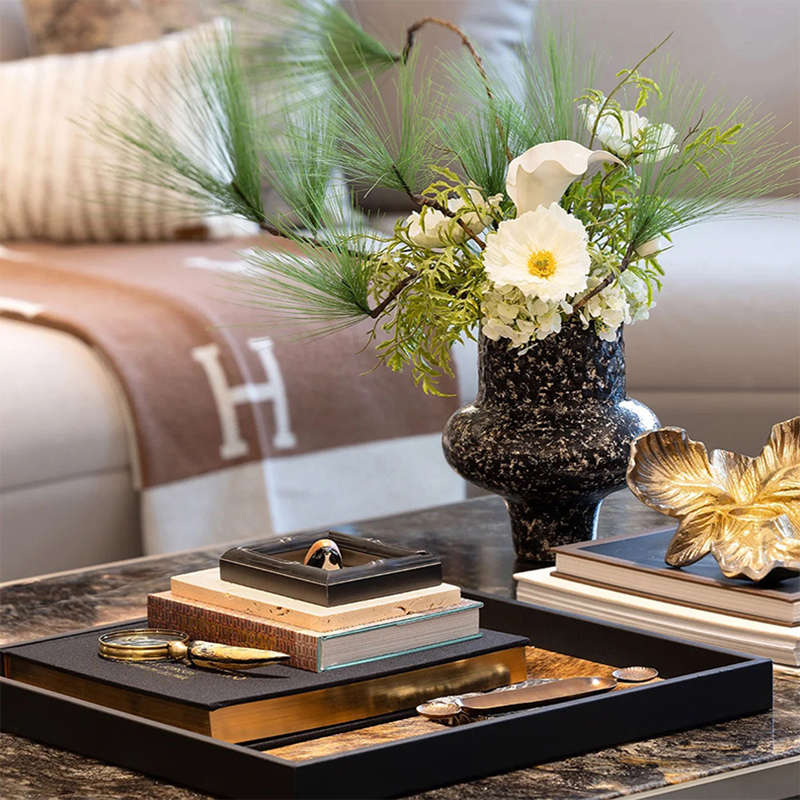 中古风客厅摆件高端仿真花组合氛围感好物样板房茶几摆设马毛托盘