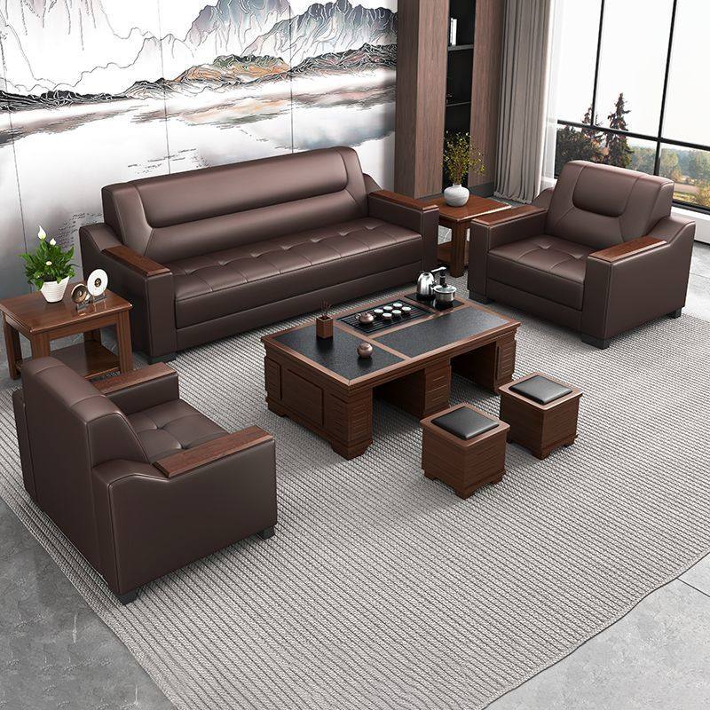 真皮办公室沙发简约现代商务会客接待休闲三人位茶几组合套装皮艺