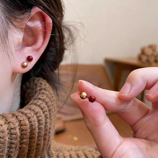 法式 温柔气质百搭耳饰女 简约金红珠珠耳钉新年小众高级感精致时尚