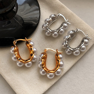 港风复古小众高级感珍珠豆荚耳环女真金电镀时尚 百搭气质耳钉耳饰