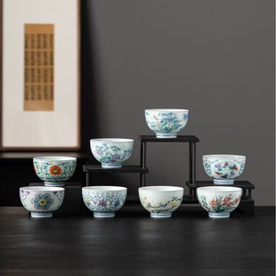 仿古泥青花瓷主人杯富春山居陶瓷单杯家用主人杯客杯茶杯