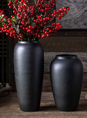 陶瓷粗陶复古黑色陶罐花瓶摆件黑陶客厅银柳落地大号冬青干花插花