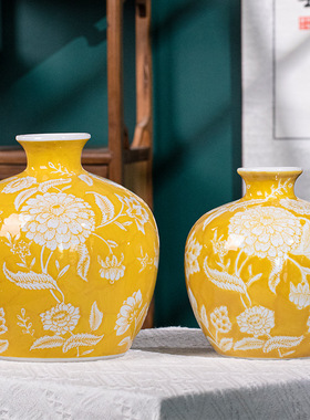 黄色石榴花瓶半手工彩绘釉下彩高温陶瓷装饰摆件玄关酒柜书柜桌面