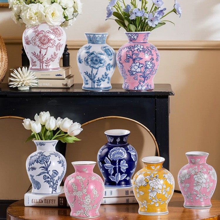 新中式陶瓷花瓶手工填色可水培高温陶瓷摆件客厅电视机柜花瓶