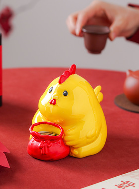 创意提款鸡存钱罐陶瓷摆件桌面家居客厅书房治愈摆设小胖鸡工艺品