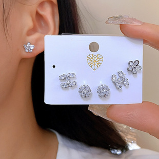 s925银针精致时尚 甜美百搭满锆三件套耳钉简约高级感超闪耳环