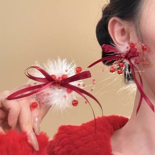 锦绣华章 新年毛绒缎带蝴蝶结红色耳环女秋冬氛围感耳钉气质耳饰