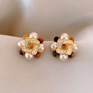 18k真金电镀锆石花朵珍珠耳钉复古美拉德百搭耳环轻奢高级感耳饰