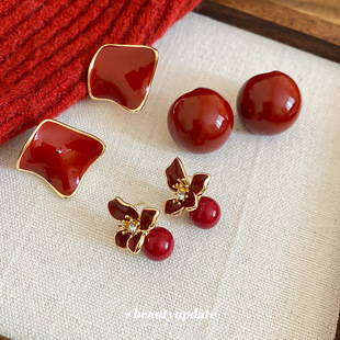 银针安可拉红滴油几何耳钉港风复古气质耳环轻奢高级感小众耳饰女