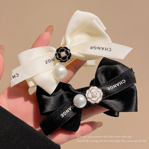 高级感小香风字母蝴蝶结发卡女丸子头固定发夹山茶花盘发抓夹头饰