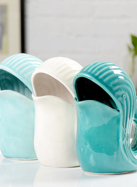 创意陶瓷鲸鱼收纳罐可爱桌面垃圾桶工艺品摆件家居装饰品卡通