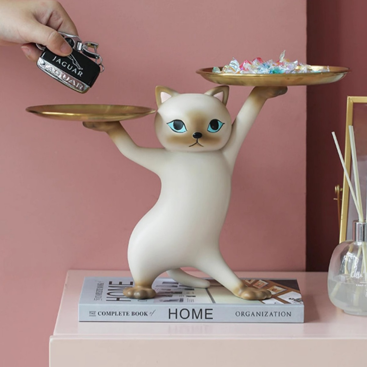创意卡通沙雕妖娆猫摆件客厅玄关钥匙收纳桌面托盘乔迁新居礼物